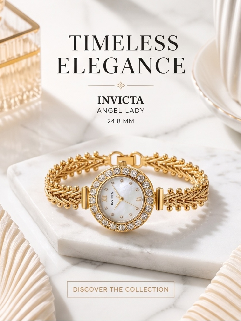 Invicta Angel Lady Gold and White Crystal Accent Watch, with three year warranty